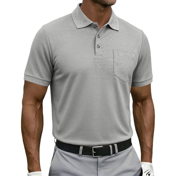 Waffle Texture Polo Shirts for Men Short Sleeve Button Placket Chest Pocket Casual Summer Golf Tee Lightweight Breathable Fit Light Gray L