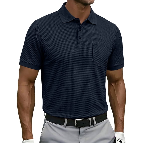 Waffle Texture Polo Shirts for Men Short Sleeve Button Placket Chest Pocket Casual Summer Golf Tee Lightweight Breathable Fit Navy 5XL