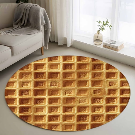 Waffle Texture Round Rugs for Living Room 3ft Country Farmhouse Gold Yellow Waffle Non Slip Circle Rug Washable Low-Profile Indoor Carpet for Bedroom, Dining Room, Bathroom