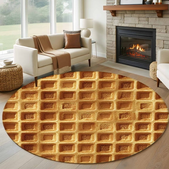 Waffle Texture Round Rugs for Living Room 7ft Country Farmhouse Gold Yellow Waffle Non Slip Circle Rug Washable Low-Profile Indoor Carpet for Bedroom, Dining Room, Bathroom