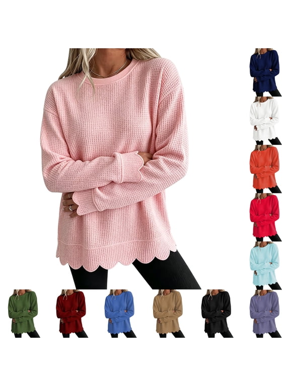 Waffle Texture Sweatshirt for Women Scalloped Hem Long Sleeve Crew Neck Solid Pullover Trendy Fall Casual Tunic Top White XL