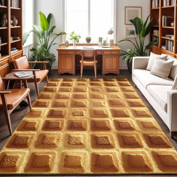 Waffle Texture Washable Area Rug 9 x 12 ft Country Farmhouse Gold Yellow Waffle, Soft Non Slip Rugs Stain Repellent Indoor Felt Carpet for Living Dining Room Bedroom Home Office