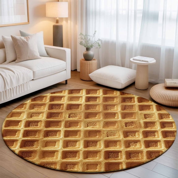 Waffle Texture Washable Round Area Rug 8 ft, Country Farmhouse Gold Yellow Waffle, Soft Non Slip Rugs Stain Repellent Indoor Felt Carpet for Living Dining Room Bedroom Home Office