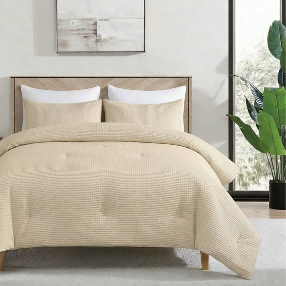 Waffle Textured Comforter 3-Piece Bedding Set - Taupe Full/Queen Size -All Season Down Alternative