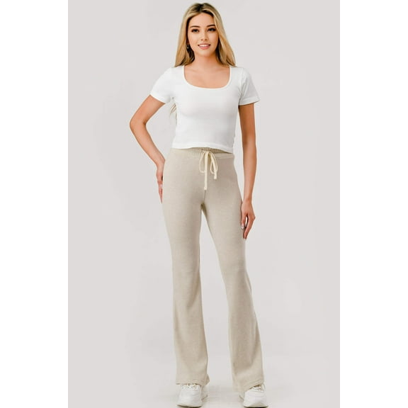 Waffle Textured Fleece Lined Drawstring Waist Flare Pants - Heather Oatmeal