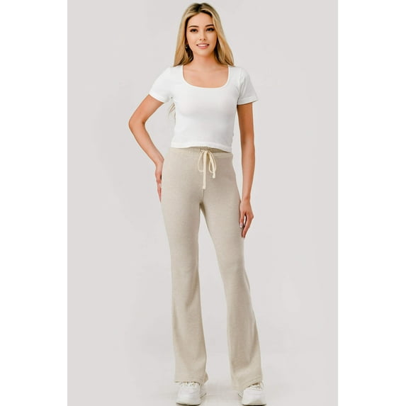 Waffle Textured Fleece Lined Drawstring Waist Flare Pants - Heather Oatmeal