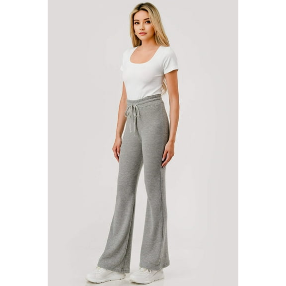 Waffle Textured Fleece Lined Drawstring Waist Flare Pants - Light Heather Gray