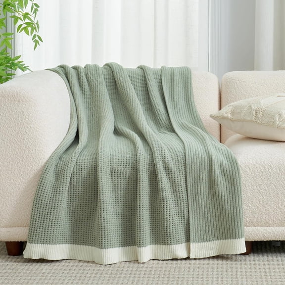 Waffle Throw Blanket for Couch, Soft Cozy Chenille Knit Blanket Warm Decorative Throw for Sofa, 50"x60", Sage Green