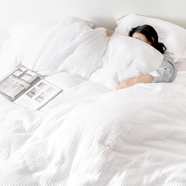 Waffle Weave Comforter Set 2PCS Twin Size, Soft Breathable Lightweight Warm for All Season, Elegant Aesthetic Home Decor Bedding Set Collection, 1 Comforter with 1 Pillow Sham, White