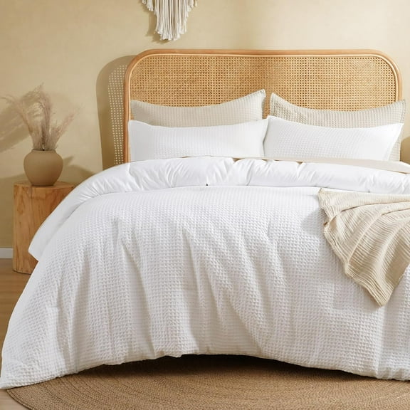 Waffle Weave Comforter Set 3PCS King Size, Soft Breathable Lightweight Cozy Skin-Friendly Warm for All Season, Elegant Aesthetic Home Decor Bedding Set with Pillow Shams, White