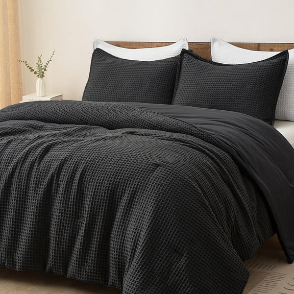 Waffle Weave Comforter Set Queen Size 3 Pieces Lightweight Breathable Black