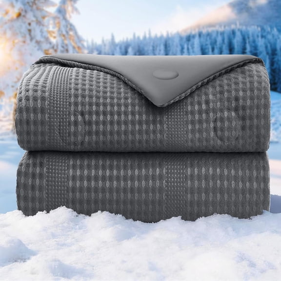 Waffle Weave Cooling Comforter Size, Q-Max 0.45 Reversible Cooling Blanket for Hot Sleepers, Breathable Lightweight Silk Smooth Summer Bedding, Quilted Ice Blanket, Dark Gray
