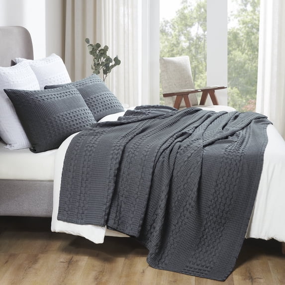 Waffle Weave Dark Grey Twin Blanket 90Lx66W