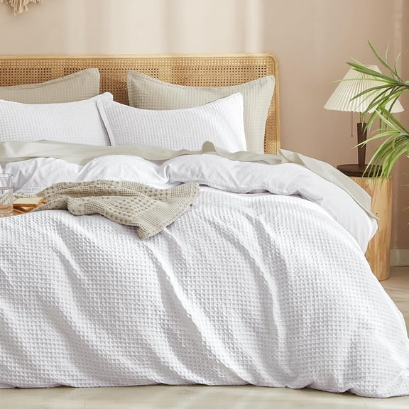 Waffle Weave Duvet Cover Set King Size 3 Piece White 104 x 90 Inches with 2 Pillow Shams