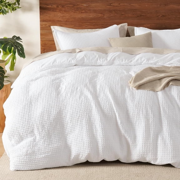 Waffle Weave Duvet Cover Set Queen Size 3 Pieces with 2 Pillowcases Soft Breathable Textured Bedding White 9090 Inches