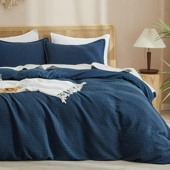 Waffle Weave Duvet Cover Set Queen Size, No Snagging Ultra Soft Luxury Textured Breathable Comforter Cover for All Season 3pcs, Durable Bedding Duvet Set with 2 Pillow Shams, 90"x90", Navy Blue