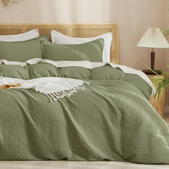 Waffle Weave Duvet Cover Set Queen Size, No Snagging Ultra Soft Luxury Textured Breathable Comforter Cover for All Season 3pcs, Durable Bedding Duvet Set with 2 Pillow Shams, 90"x90", Olive Green