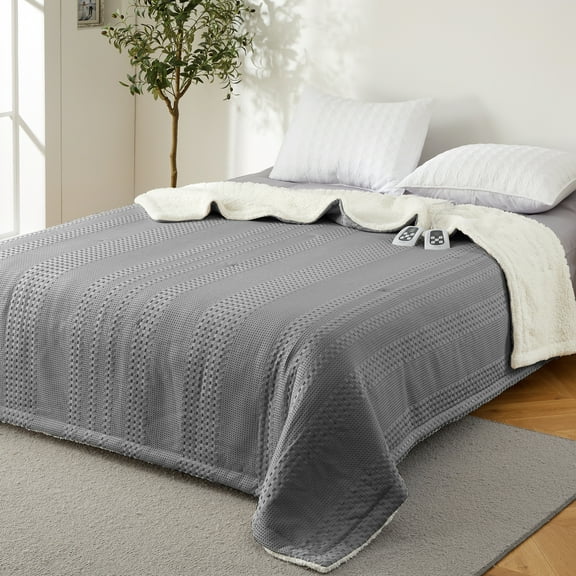 GARVEE Heated Electric Blanket King,Dual Control 100“x90" Soft Waffle Weave Fast Heating Blankets,10 Heating Levels&1-12 Hours Auto Off,,Grey