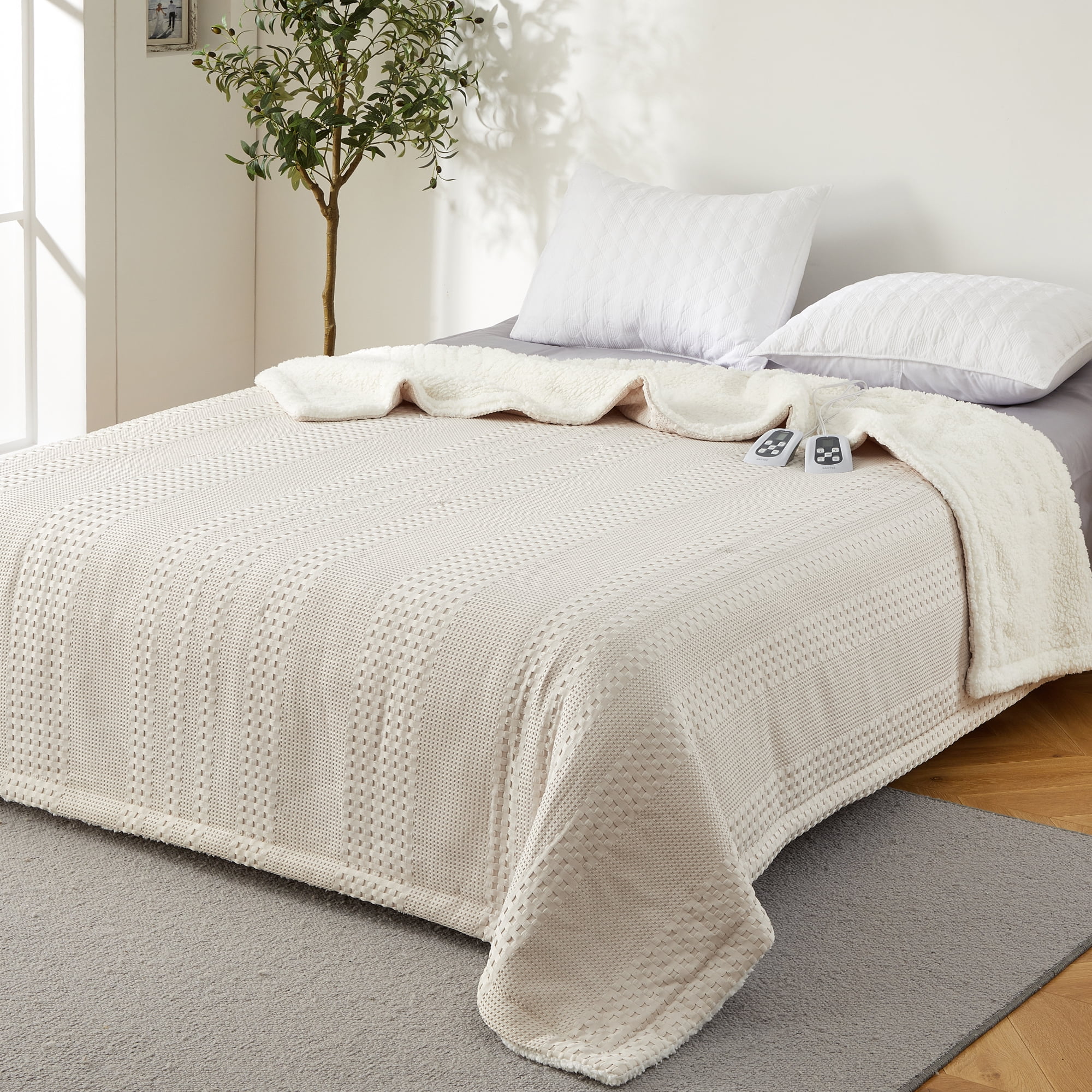 GARVEE Heated Electric Blanket King,Dual Control 100“x90" Soft Waffle Weave Fast Heating Blankets,10 Heating Levels&1-12 Hours Auto Off,Khaki