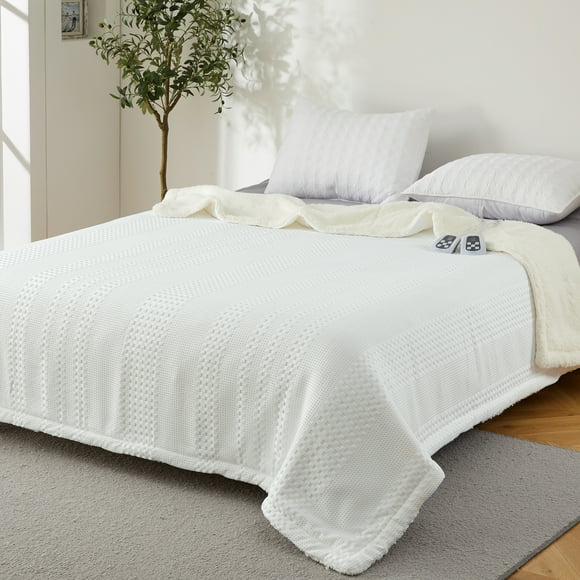 GARVEE Heated Electric Blanket King,Dual Control 100“x90" Soft Waffle Weave Fast Heating Blankets,10 Heating Levels&1-12 Hours Auto Off,,White