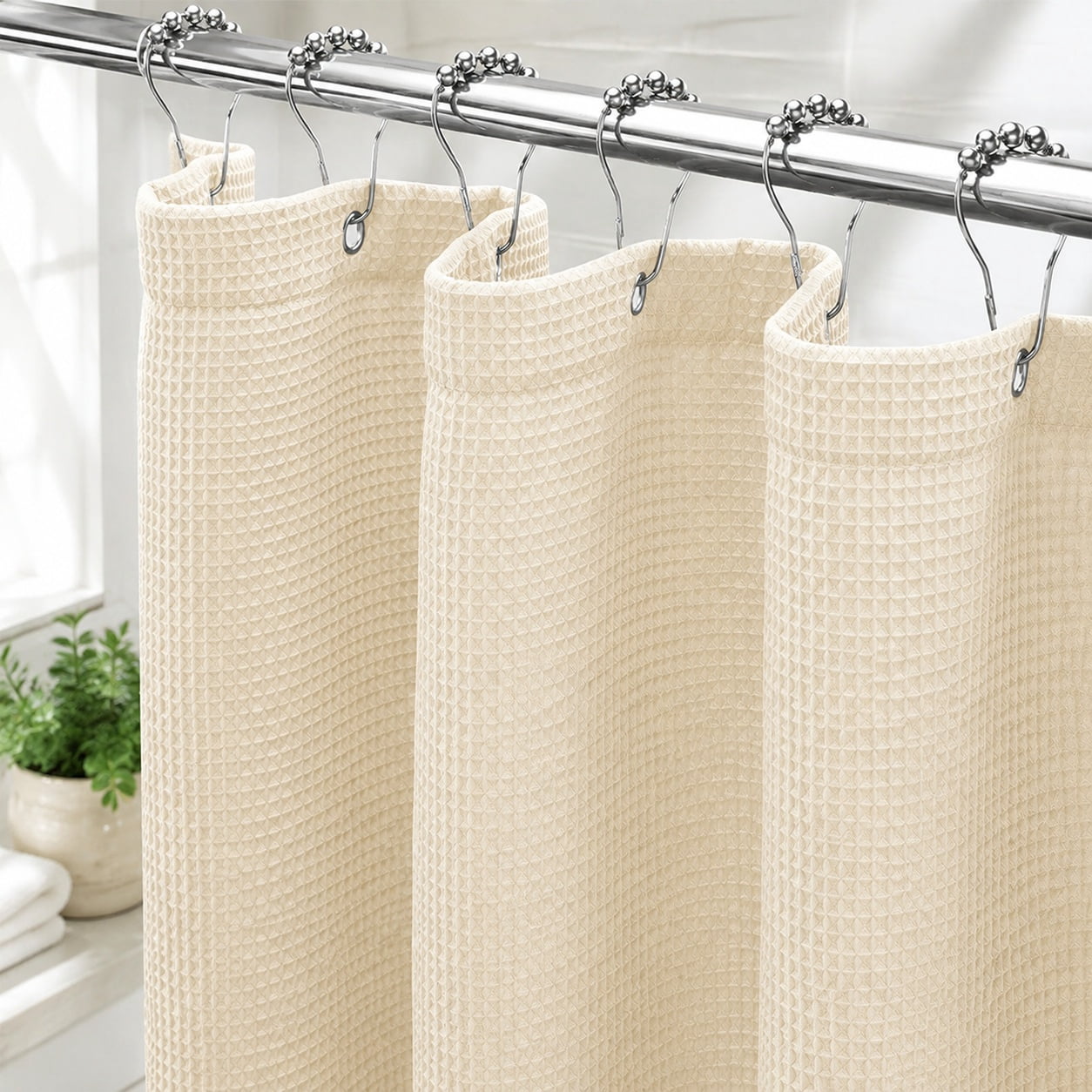 Waffle Weave Heavy Duty Fabric Shower Curtain, Hotel Quality Bathroom