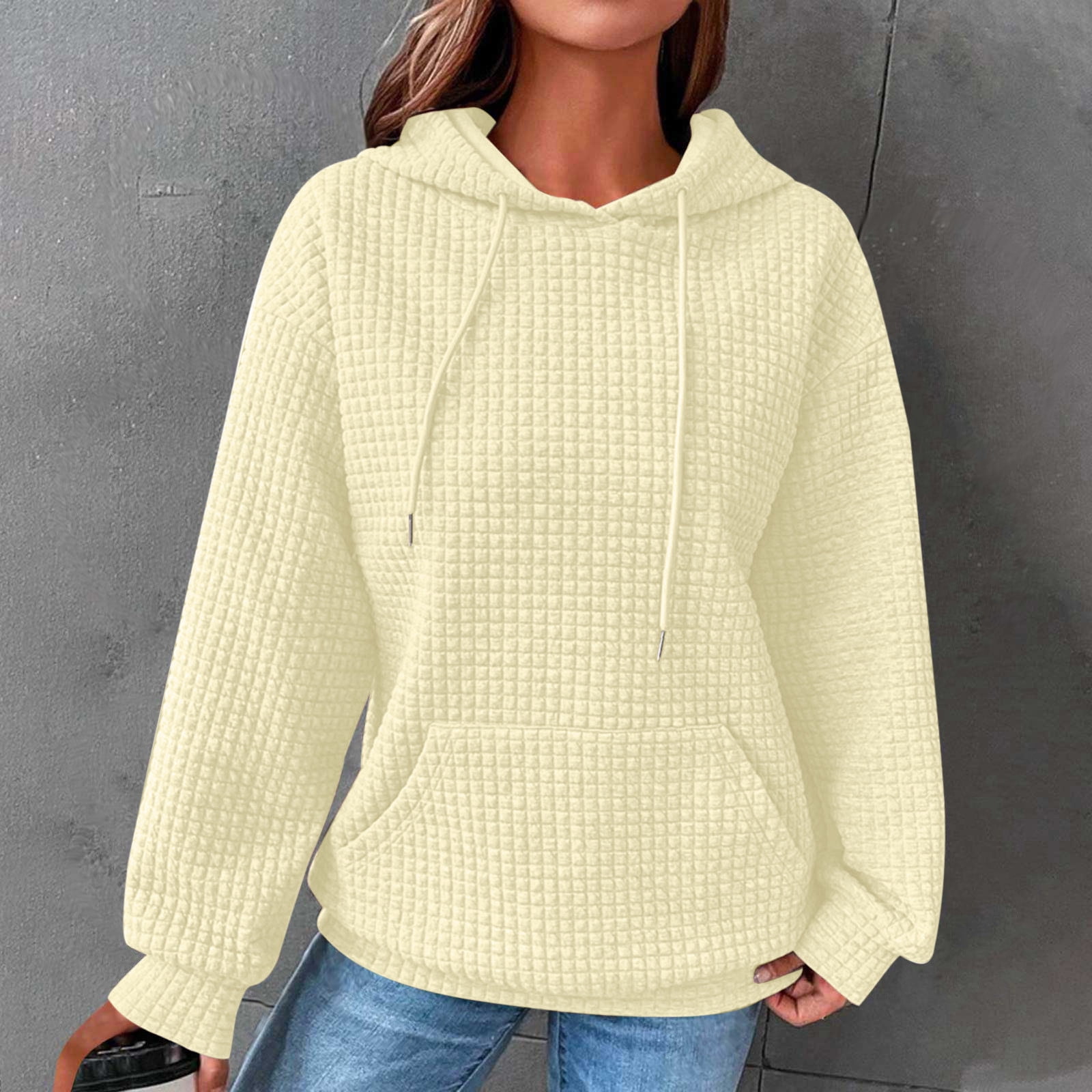 Waffle Weave Hoodie for Women,Women's Casual Solid Long Sleeve Waffle