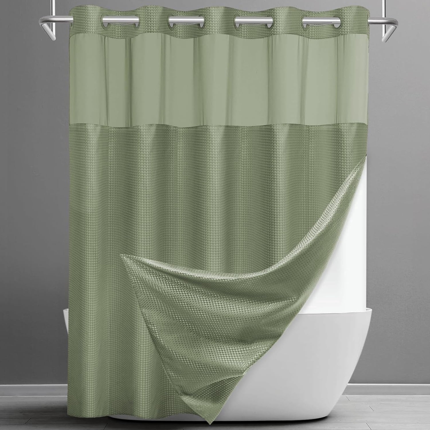 Waffle Weave Hookless Shower Curtain with Snap in Liner, DawnJoanHD Green Polyester Fabric Shower Curtains with See Through Top Window, 71" x 74"
