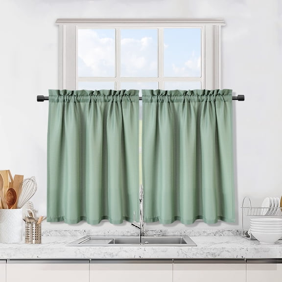 Waffle Weave Kitchen Tier Curtains, Water-Protective Rod Pocket Cafe Window Treatment – Short Half-Window Tiers for Small Bathroom Windows