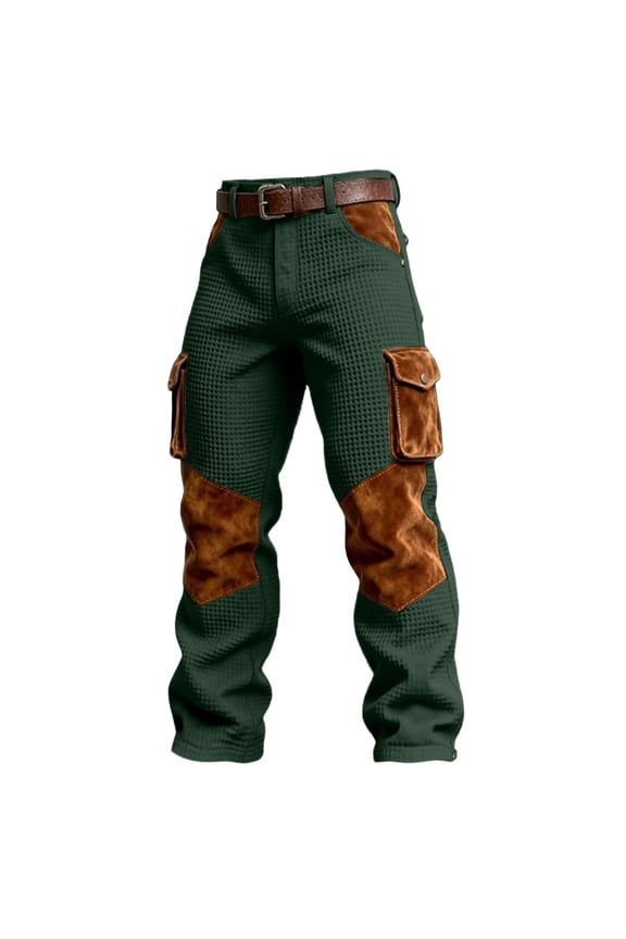 Waffle Weave Men's Athletic Pants Vintage Color Block Workwear Multi Pocket Dark Green L