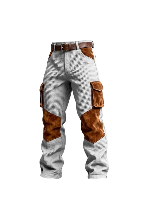 Waffle Weave Men's Athletic Pants Vintage Color Block Workwear Multi Pocket Light Gray M