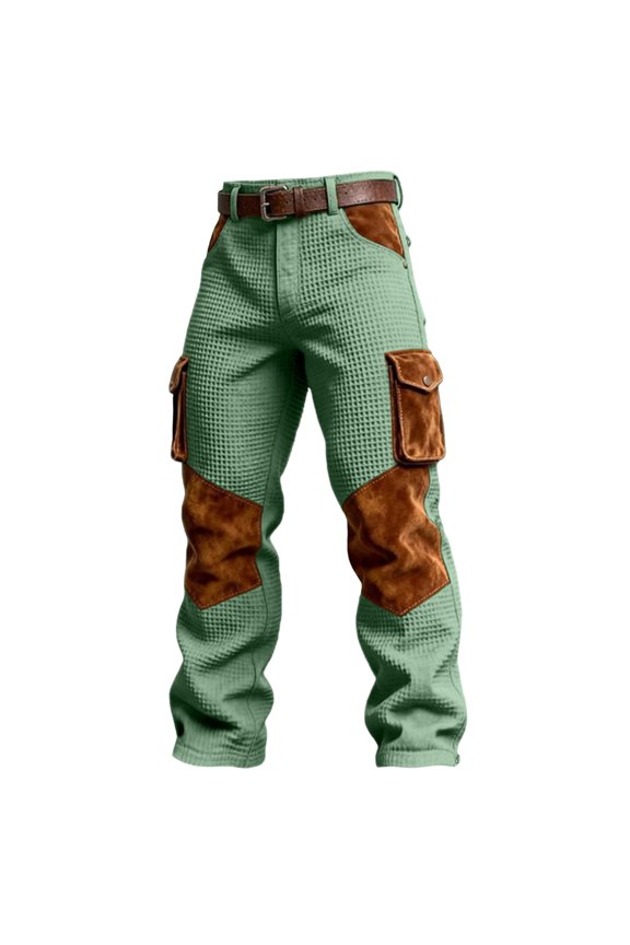 Waffle Weave Men's Athletic Pants Vintage Color Block Workwear Multi Pocket Light Green L