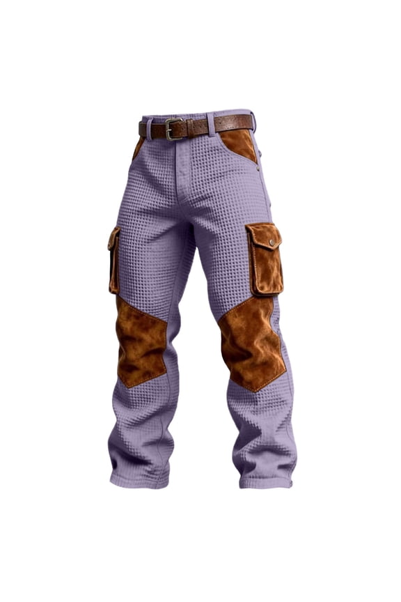 Waffle Weave Men's Athletic Pants Vintage Color Block Workwear Multi Pocket Purple S