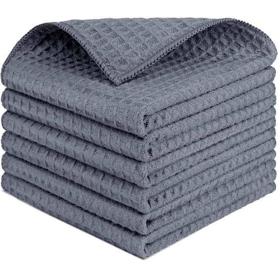 Waffle Weave Microfiber Cleaning Cloth, 6 Pack Highly Absorbent Cleaning Rag for Household, Reusable Kitchen Towels, Scratch-Free Barista Towels, 12 x 12 Inches, Grey