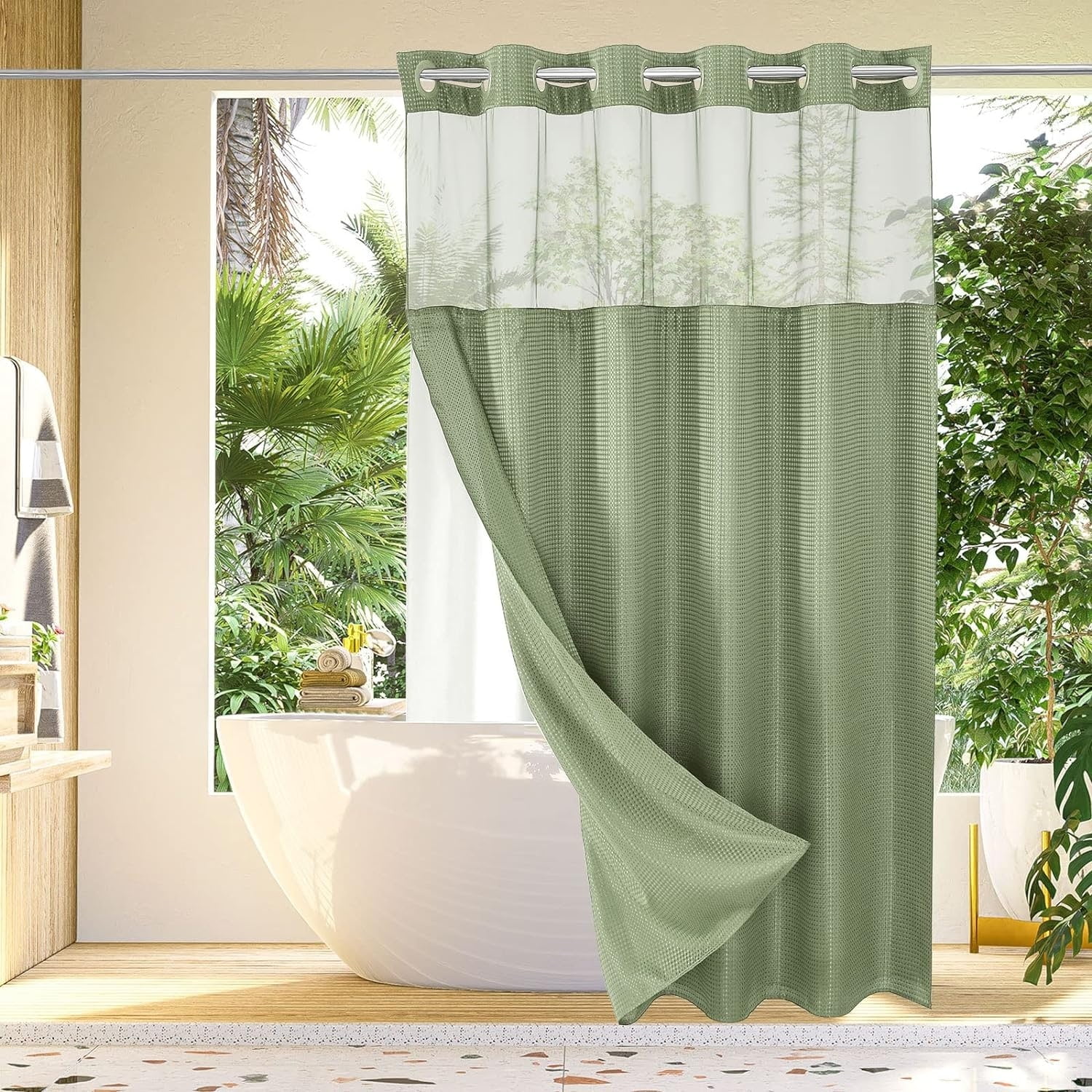 Green Waffle Weave Hookless Fabric Shower Curtain with Mesh Top Window