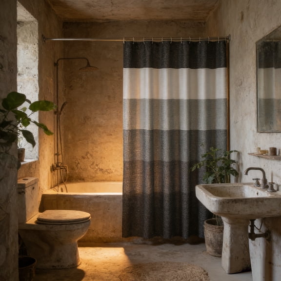 Waffle Weave Ombre Stripe Fabric Shower Curtain with 12 hooks, Black,72" W x 72" H