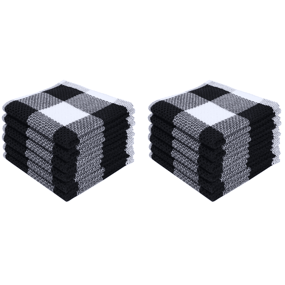 Waffle Weave Plaid Dish Cloths,Cotton, Soft Absorbent Quick Drying Buffalo Check Dish Rags for Kitchen - Christmas Holiday Winter - Black and White*2