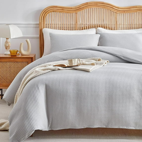 Waffle Weave Queen Size Duvet Cover, Light Grey Microfiber Duvet Cover Set, Soft and Breathable Comforter Cover, Textured 3 Pieces Bedding Set for All Season(Light Grey,Queen)