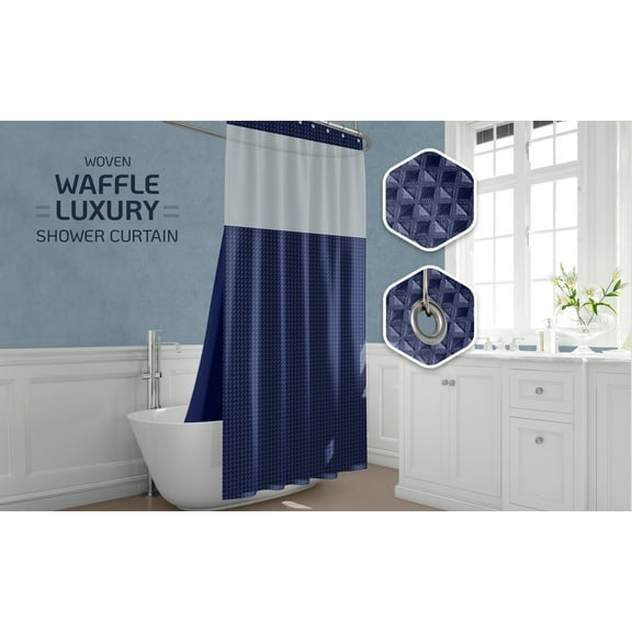 Waffle Weave Shower Curtain - Luxury Hotel Style Fabric - Long Waterproof Curtain for Bathroom - Includes Washable Snap-in Cloth Liner, Transparent Window & 12 Hooks - 72x72 inches - (Navy)