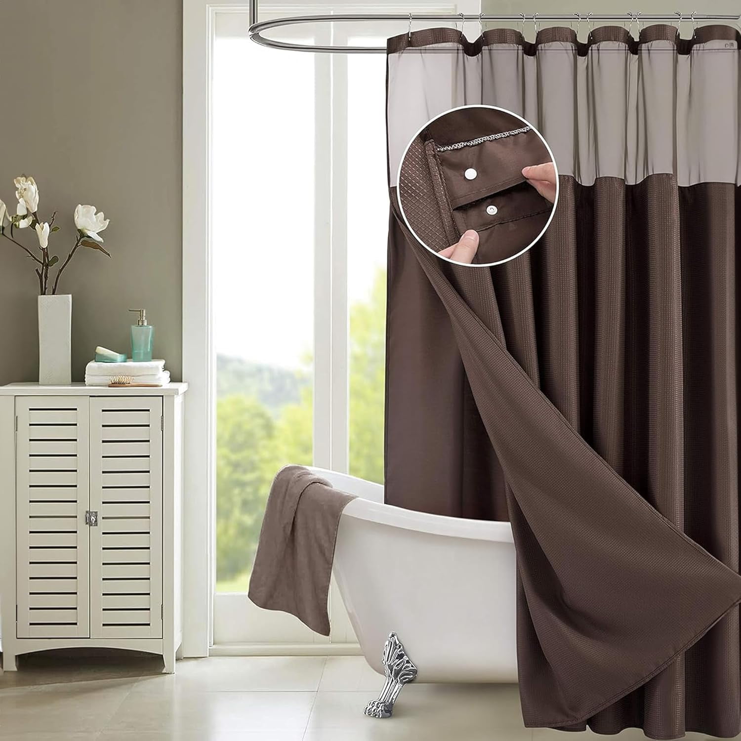 Waffle Weave Shower Curtain Set with Snap-in Liner in Brown 70" x 72 ...