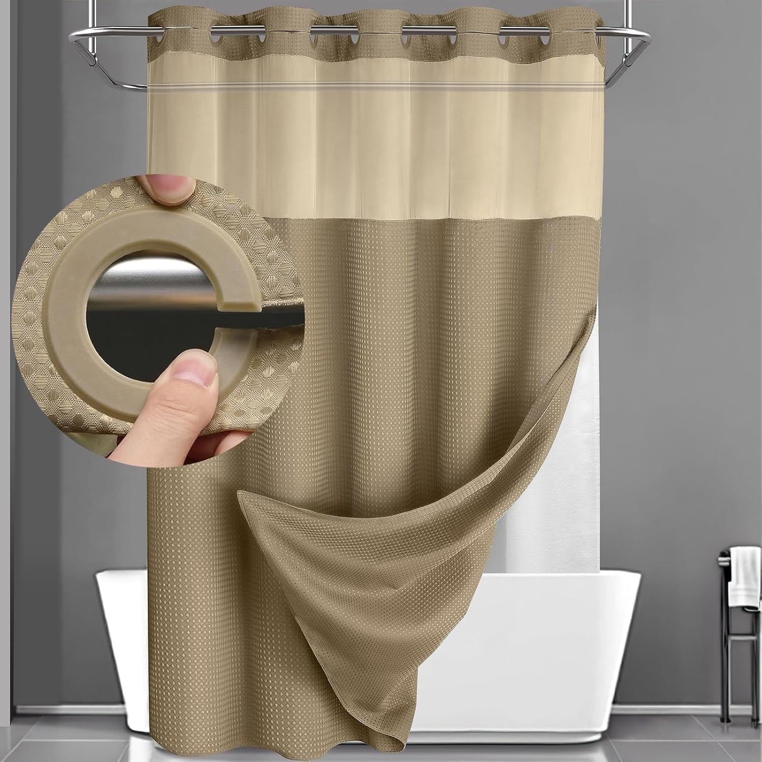 Waffle Weave Shower Curtain with Snap in Fabric Liner, No Hook Shower Curtain with Snap-in Liner, DawnJoanHD Beige Heavyweight Fabric Shower Curtain with See Through Top Window, 72"X75"