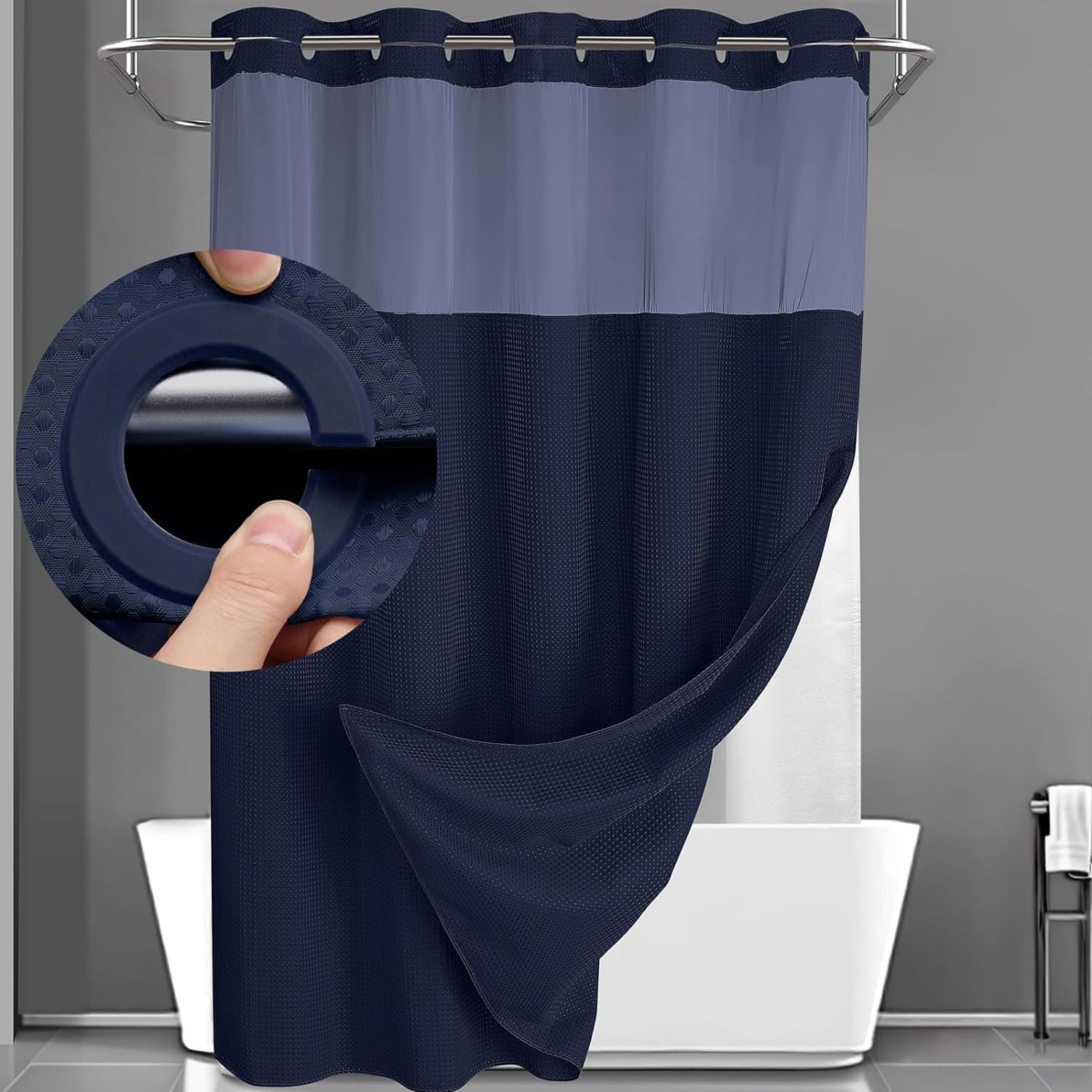 Waffle Weave Shower Curtain with Snap in Fabric Liner, No Hook Shower Curtain with Snap-in Liner, DawnJoanHD Blue Heavyweight Fabric Shower Curtain with See Through Top Window, 72"X75"