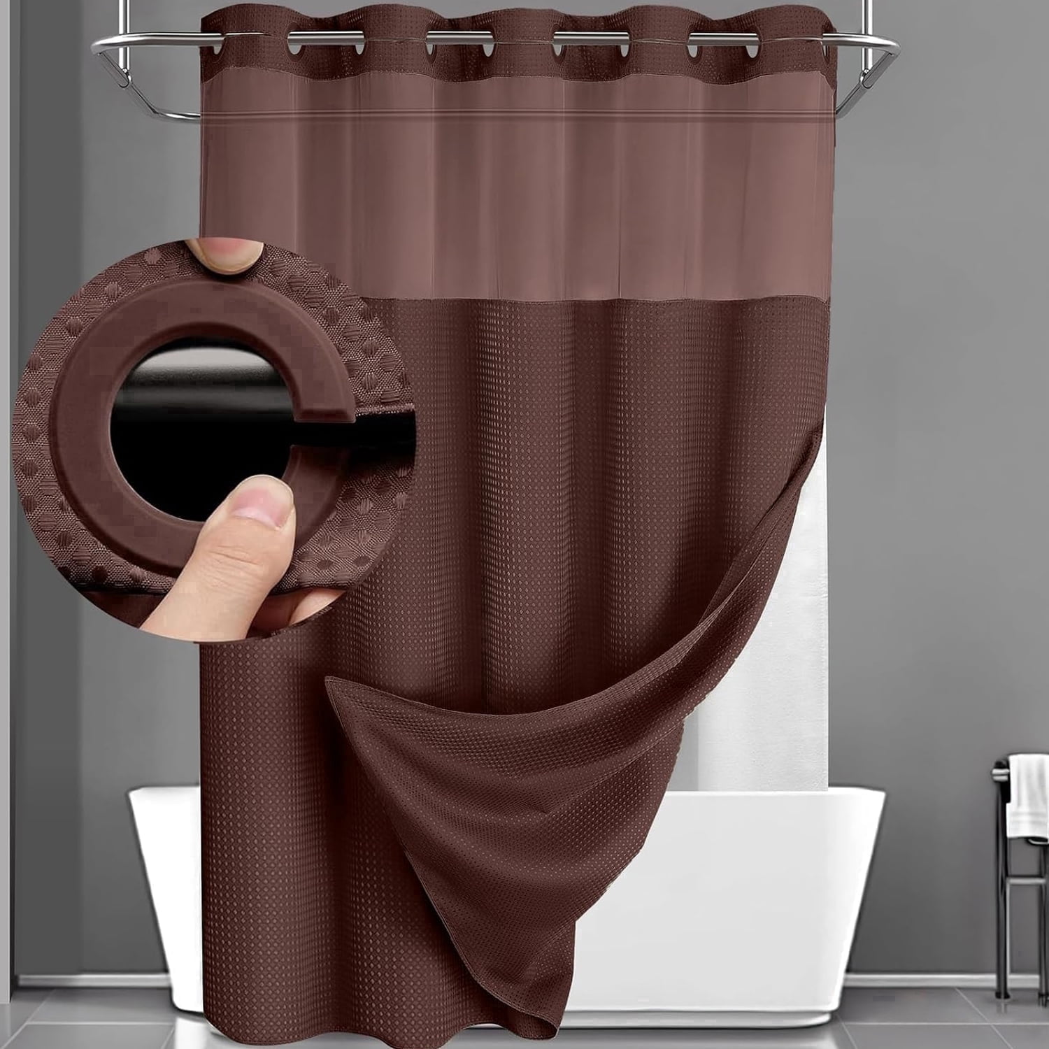 DawnJoanHD Waffle Weave No Hook Shower Curtain with Snap-in Liner, Brown Polyester Fabric with See-Through Top Window, 72" x 75"