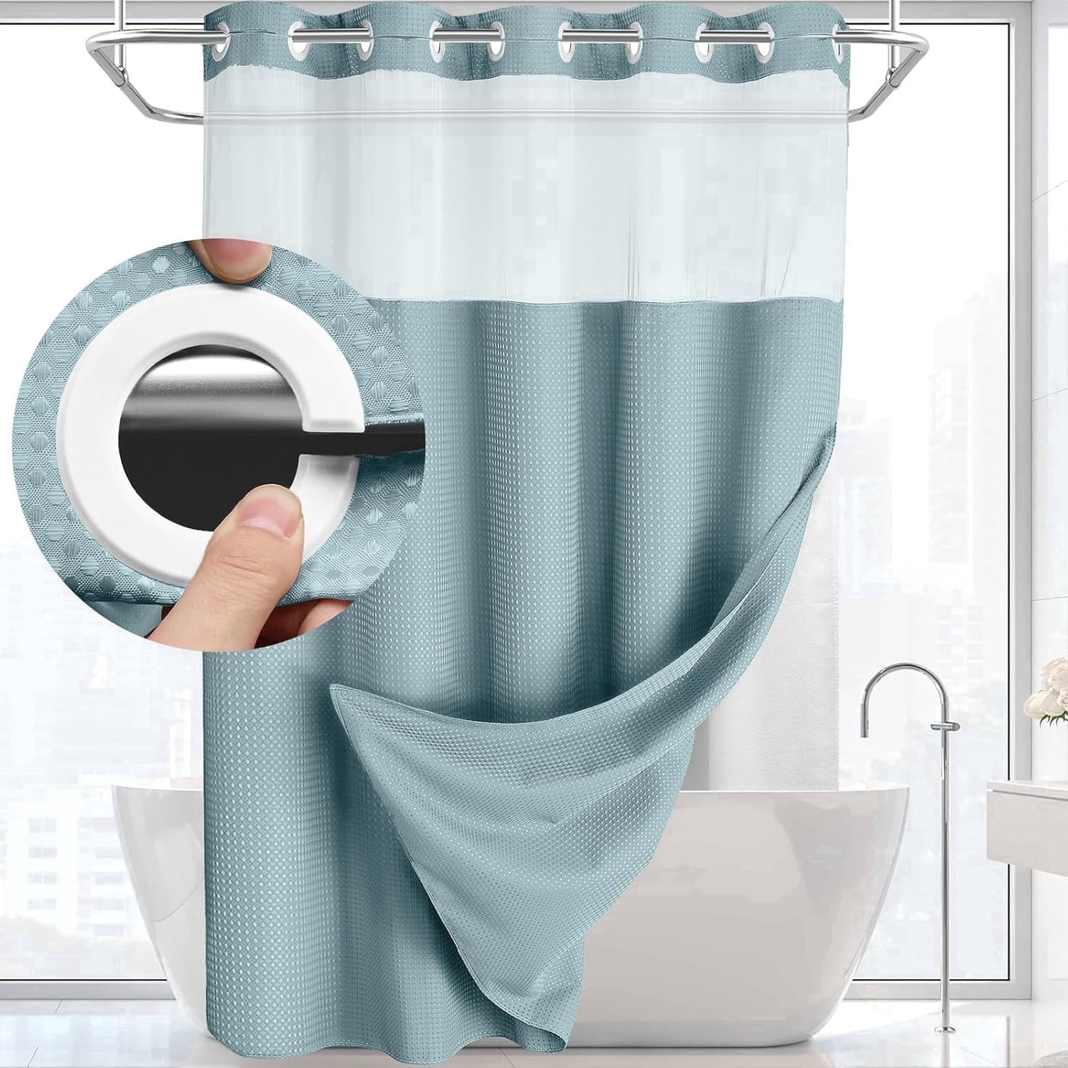 DawnJoanHD Waffle Weave No Hook Shower Curtain with Snap-in Liner, Cyan Polyester Fabric with See-Through Top Window, 72" x 75"