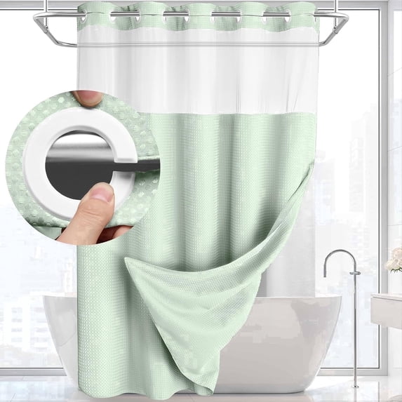 DawnJoanHD Waffle Weave No Hook Shower Curtain with Snap-in Liner, Mint Green Polyester Fabric with See-Through Top Window, 72" x 75"