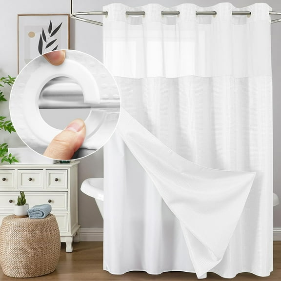 DawnJoanHD No Hook Shower Curtain with Snap in Fabric Liner, Waffle Weave Heavyweight Fabric Shower Curtain with See Through Top Window, White Waffle Shower Curtains, 72"X75"