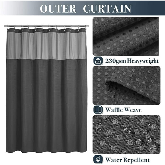 Waffle Weave Shower Curtain With Snap-In Fabric Liner Set, 12 Hooks Included - Hote[609]
