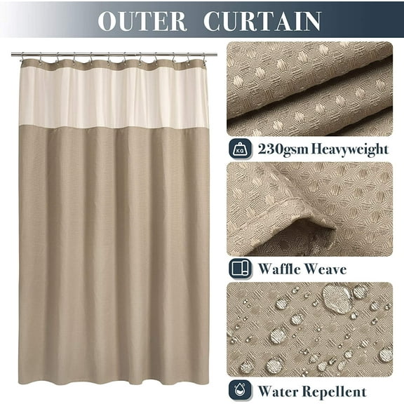 Waffle Weave Shower Curtain With Snap-In Fabric Liner Set, 12 Hooks Included - Hote[619]
