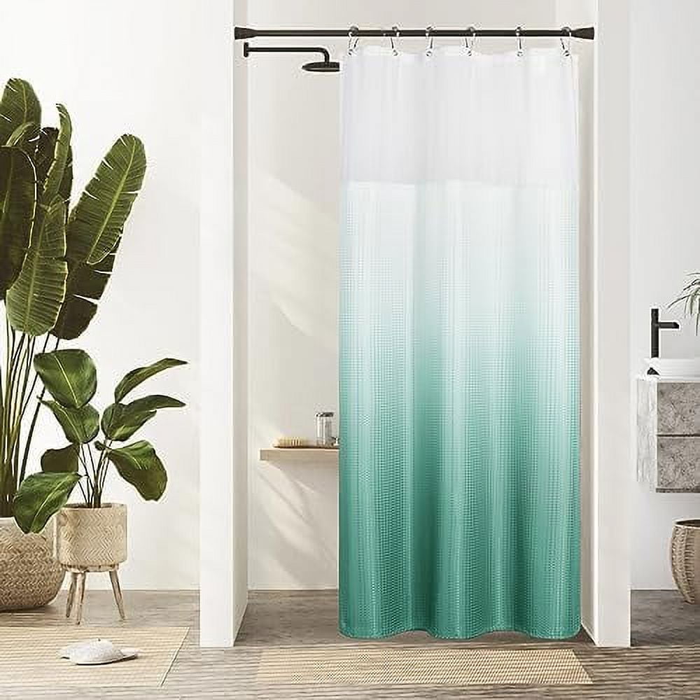 Waffle Weave Shower Curtain with Mesh Top Window and Hooks Set Spa Like Hotel Style Fabric