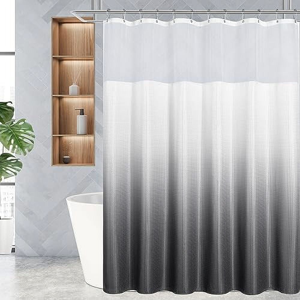 Waffle Weave Shower Curtain with Mesh Top Window and Hooks Set Spa Like Hotel Style Fabric