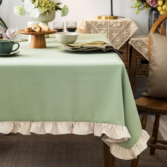 Waffle Weave Textured Rectangle/Oblong Tablecloth with Cotton Retro Ruffle Trim Solid Table Cover for Buffet Banquet Parties Event Holiday Kitchen Dining Farmhouse Decor Pea Green 55x84 Inches